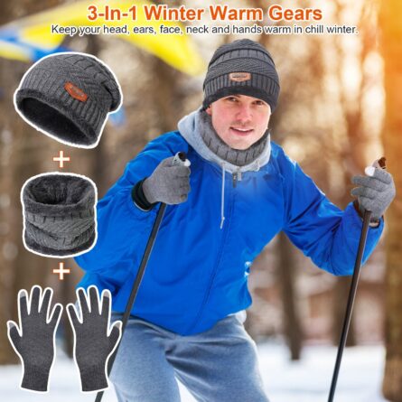 3Pcs Winter Knitted Hat Scarf Gloves Winter Warm Beanie And Touch Screen Gloves Scarf Set Knit Beanie Skull Cap Neck Warmer Mittens For Men Women - Image 3